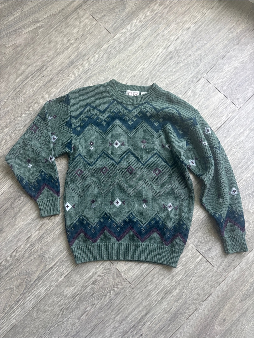 Green Patterned Crewneck Sweater - Vintage